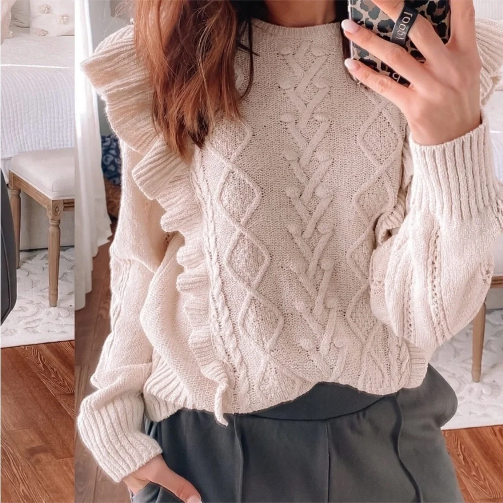 Express Cream Cable Knit Sweater with Ruffle